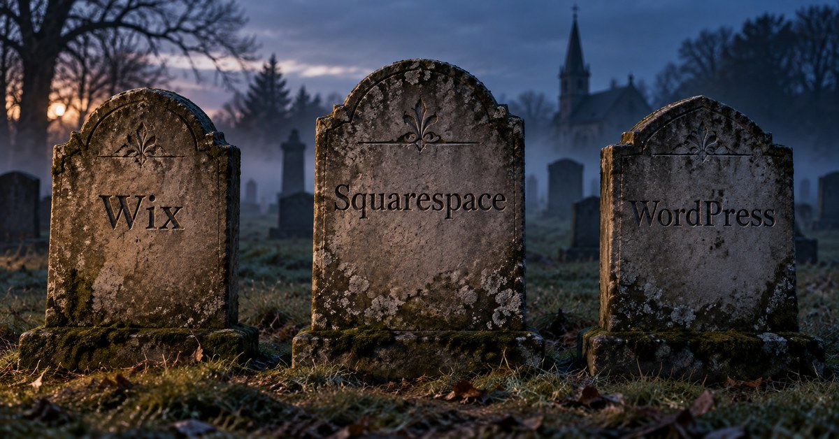 Three weathered gravestones engraved Wix, Squarespace and WordPress in a misty graveyard.