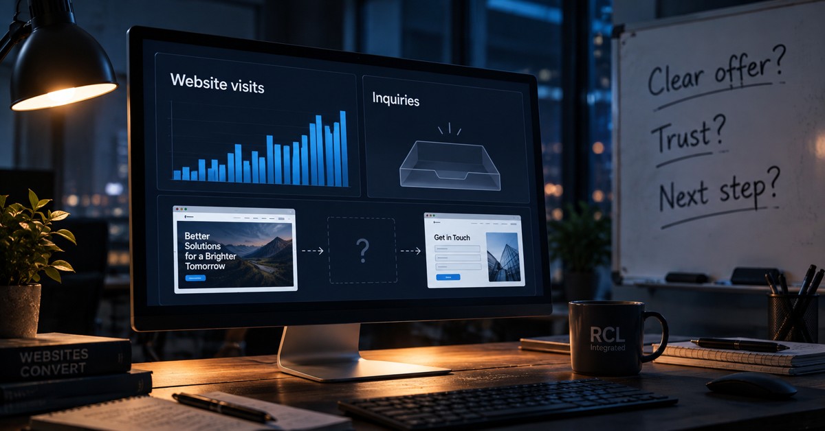 Monitor contrasting website visits with an empty inquiry inbox, beside questions about offer clarity, trust and the next step.